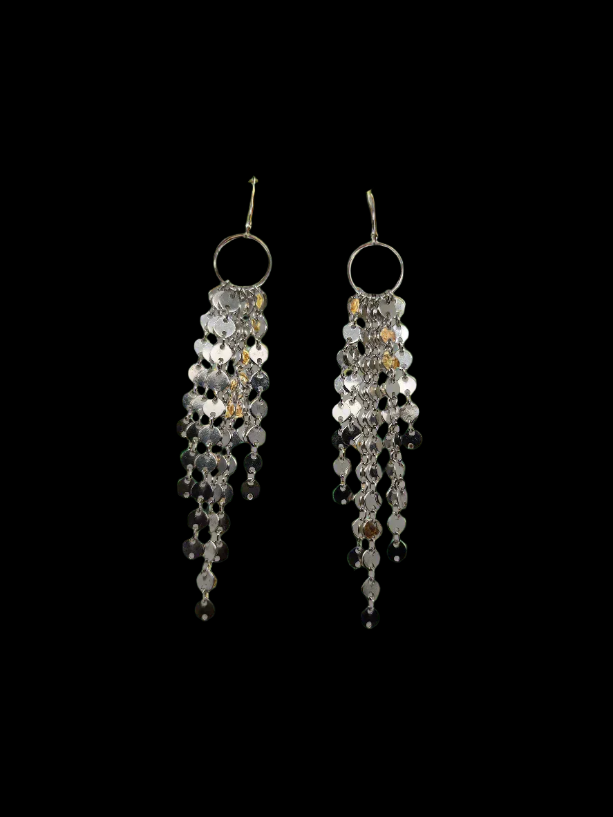Sparkling Round Sterling Silver Discs Delicately dangle from a center circle, on drop earrings.