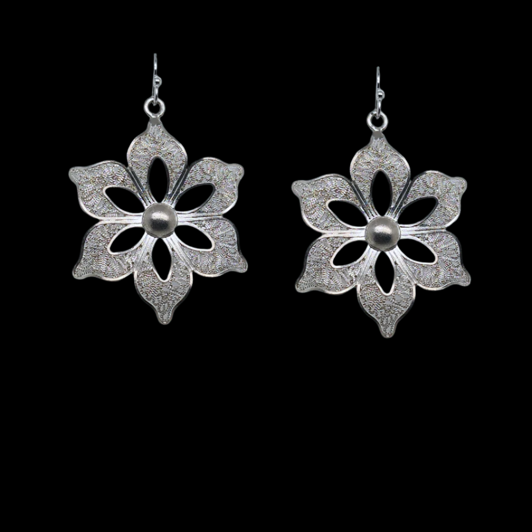silver earrings, with petal cutouts, filigree design inside and a polished central bead.