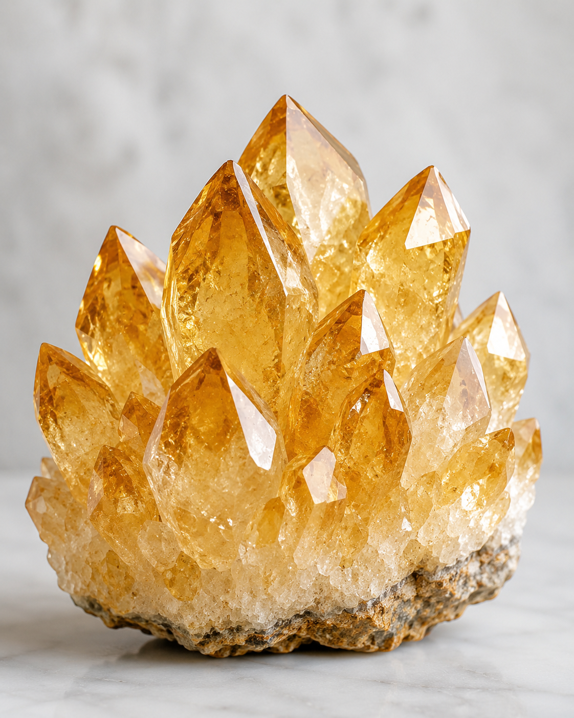 A natural citrine crystal cluster with multiple pointed yellow-orange quartz tips rising from a rough, textured beige matrix, photographed on a light gray marble surface with a soft gray background.