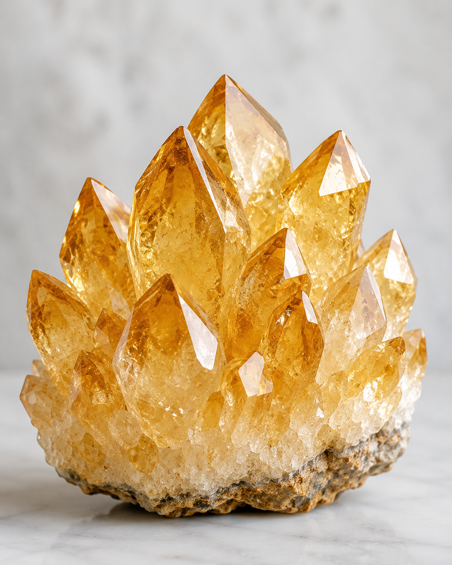 A natural citrine crystal cluster with multiple pointed yellow-orange quartz tips rising from a rough, textured beige matrix, photographed on a light gray marble surface with a soft gray background.