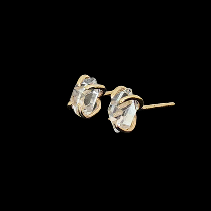 Herkimer Diamond Stud Side View in SOLID 14kt Yellow Gold
