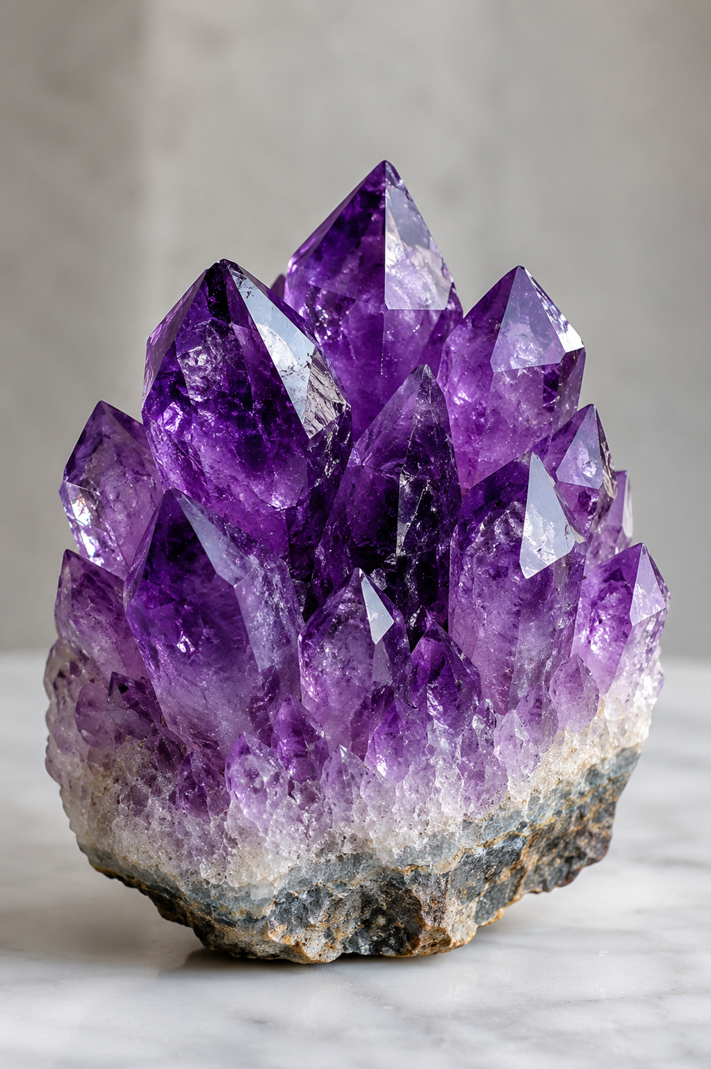 A natural amethyst crystal cluster with sharp purple crystal points rising from a rough, earthy matrix, photographed on a light marble surface against a soft gray background.