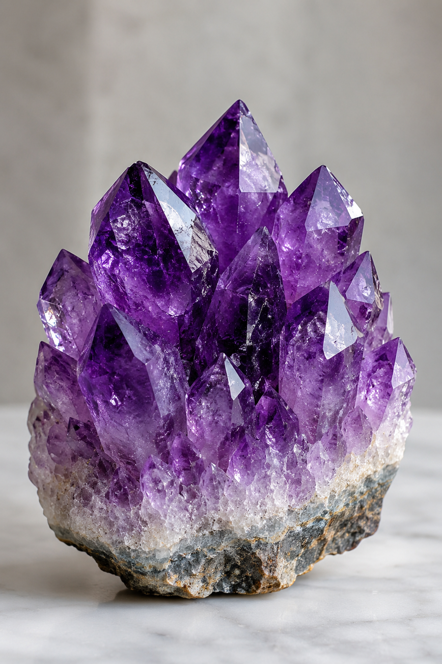 A natural amethyst crystal cluster with sharp purple crystal points rising from a rough, earthy matrix, photographed on a light marble surface against a soft gray background.