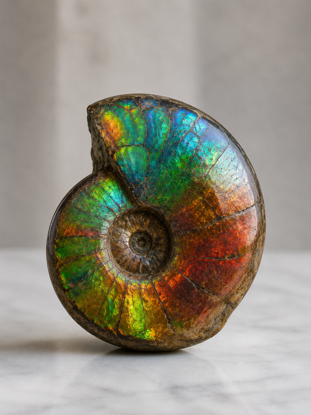 A polished ammonite fossil with a spiral shell structure, displaying a vibrant iridescent play of green, blue, gold, and orange tones over a brown rock base, set against a neutral gray background.