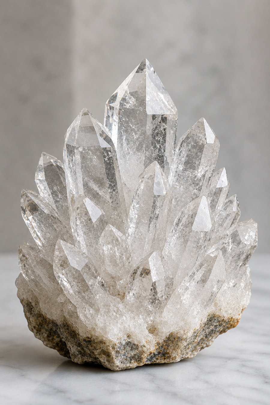 A natural clear quartz crystal cluster with multiple pointed tips rising from a rough, earthy base, photographed on a light marble surface against a soft gray background.