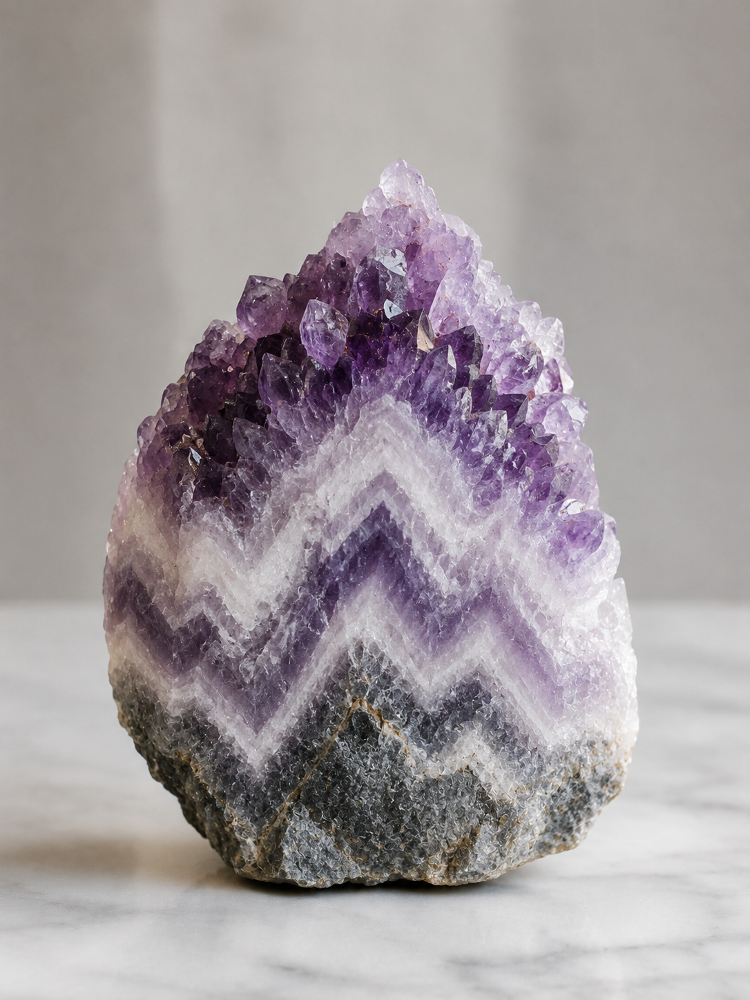 A natural amethyst crystal cluster geode with purple, white, and gray chevron banding, displayed on a light marble surface against a neutral gray background.