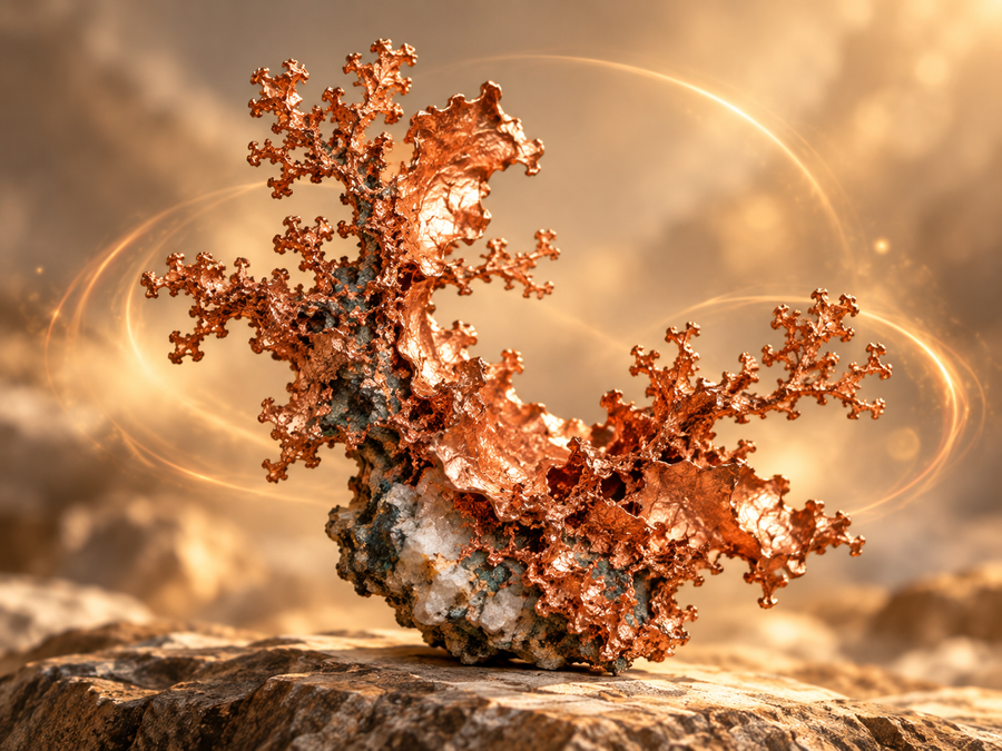 a raw copper mineral on a stone with orbs of light and a greyish colored sky with clouds in the background