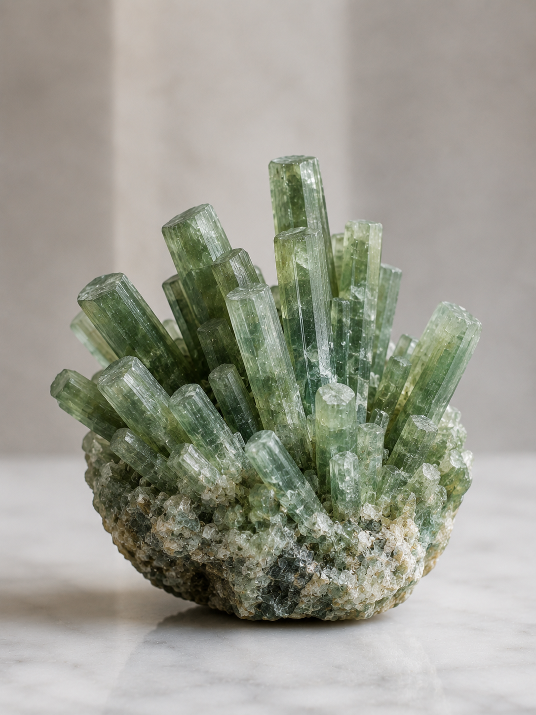A green fluorite crystal cluster with tall, slender prisms rising from a rough, matrix-bound base, photographed on a light marble surface against a soft neutral background.
