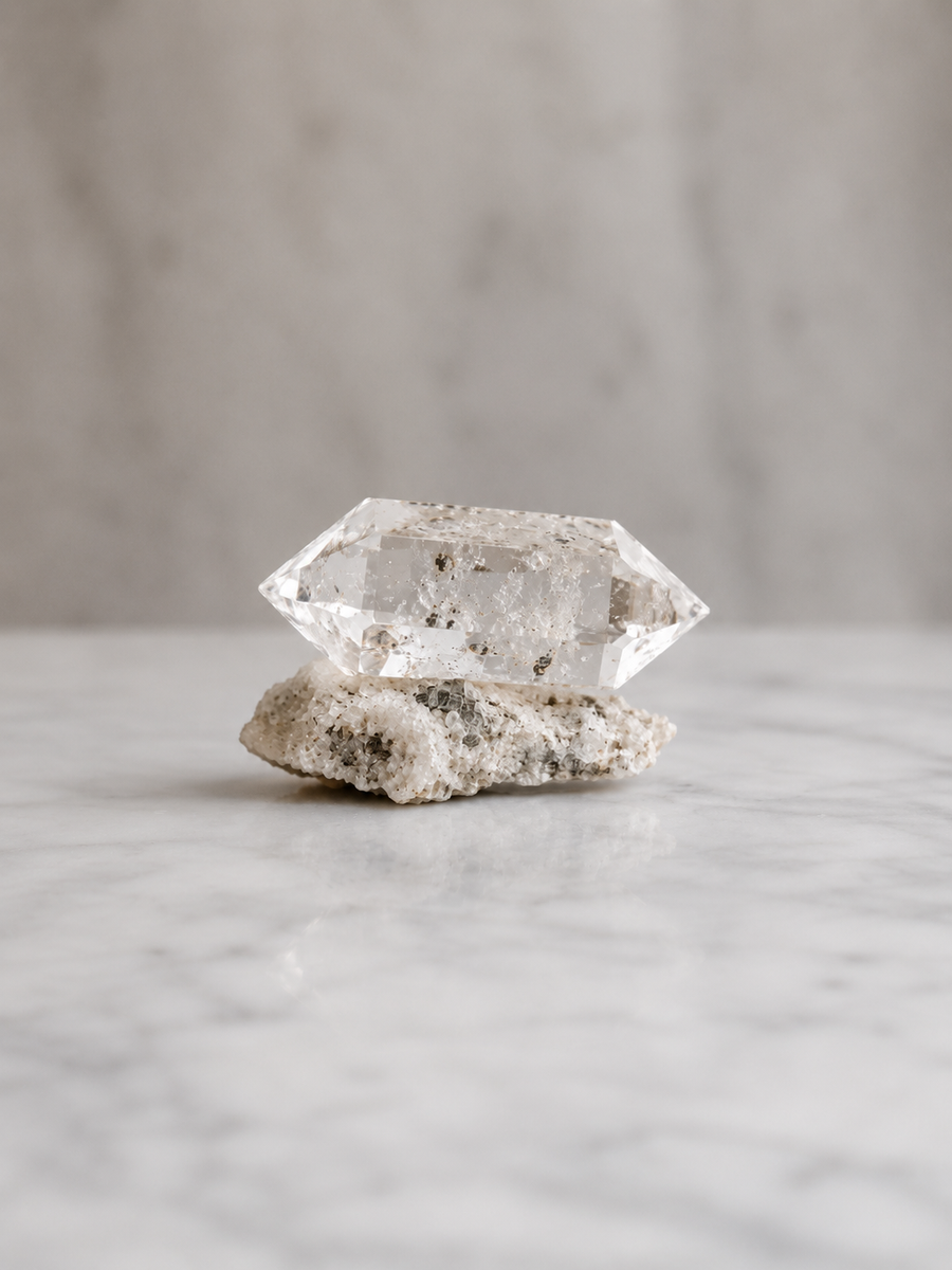A clear faceted crystal gemstone resting on a rough natural stone base, photographed on a light marble surface with a softly blurred neutral background.