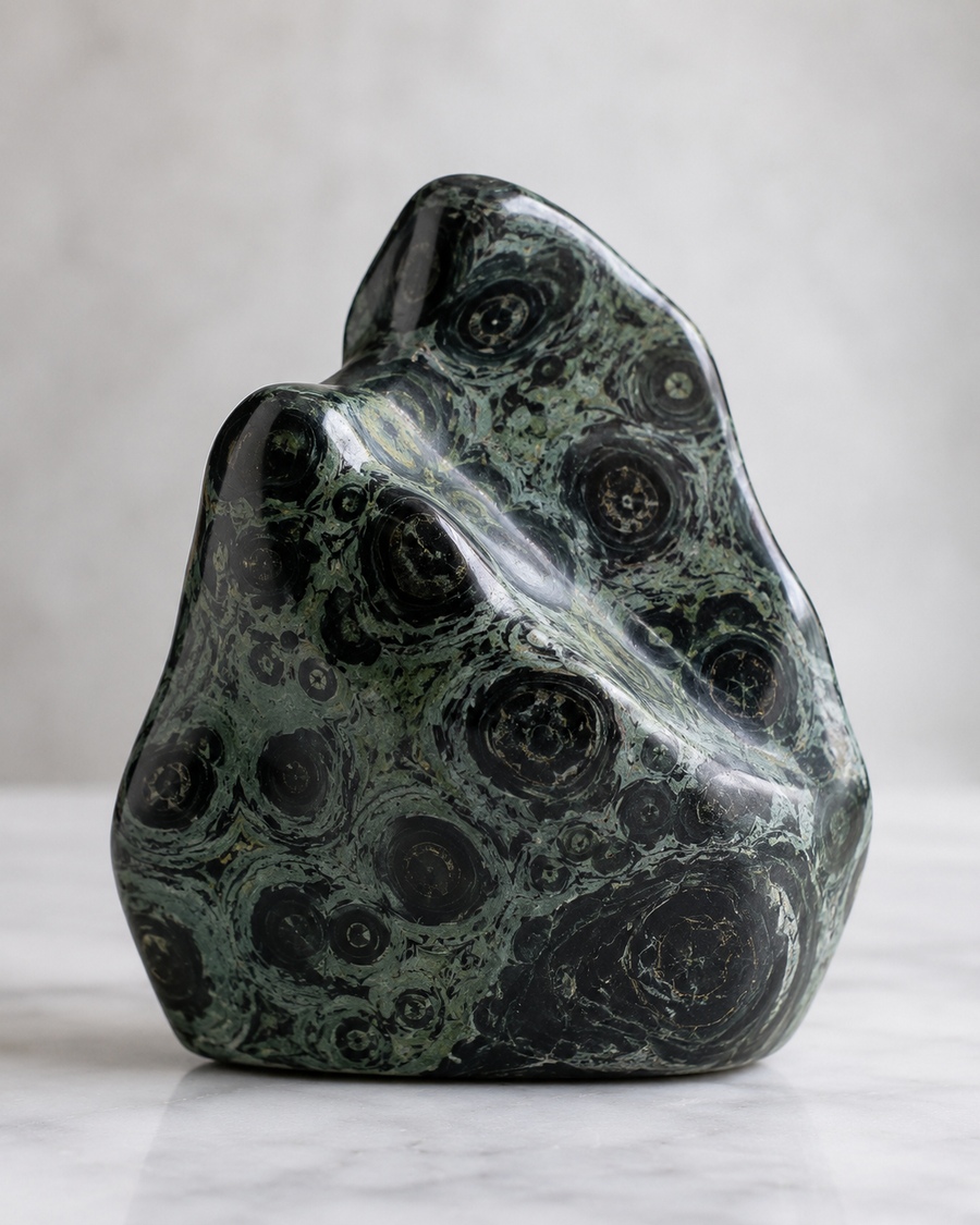 A polished decorative stone sculpture with a glossy, organic shape, featuring a marbled pattern of black and green malachite-like swirls, displayed on a light marble surface against a neutral gray background.