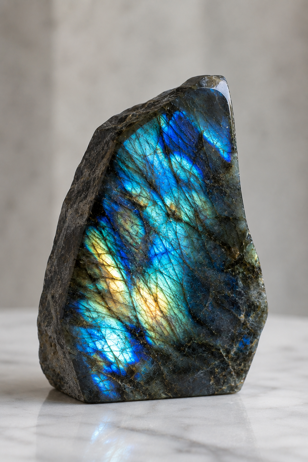 A raw labradorite crystal stone with vibrant blue, green, and gold iridescent flashes, standing upright on a light marble surface against a neutral gray background.