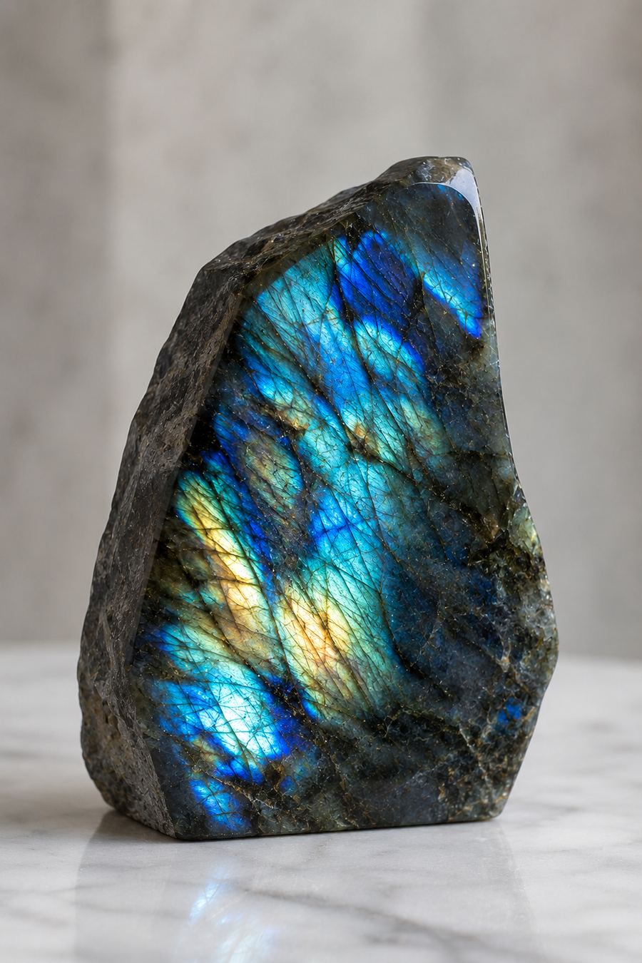 A raw labradorite crystal stone with vibrant blue, green, and gold iridescent flashes, standing upright on a light marble surface against a neutral gray background.