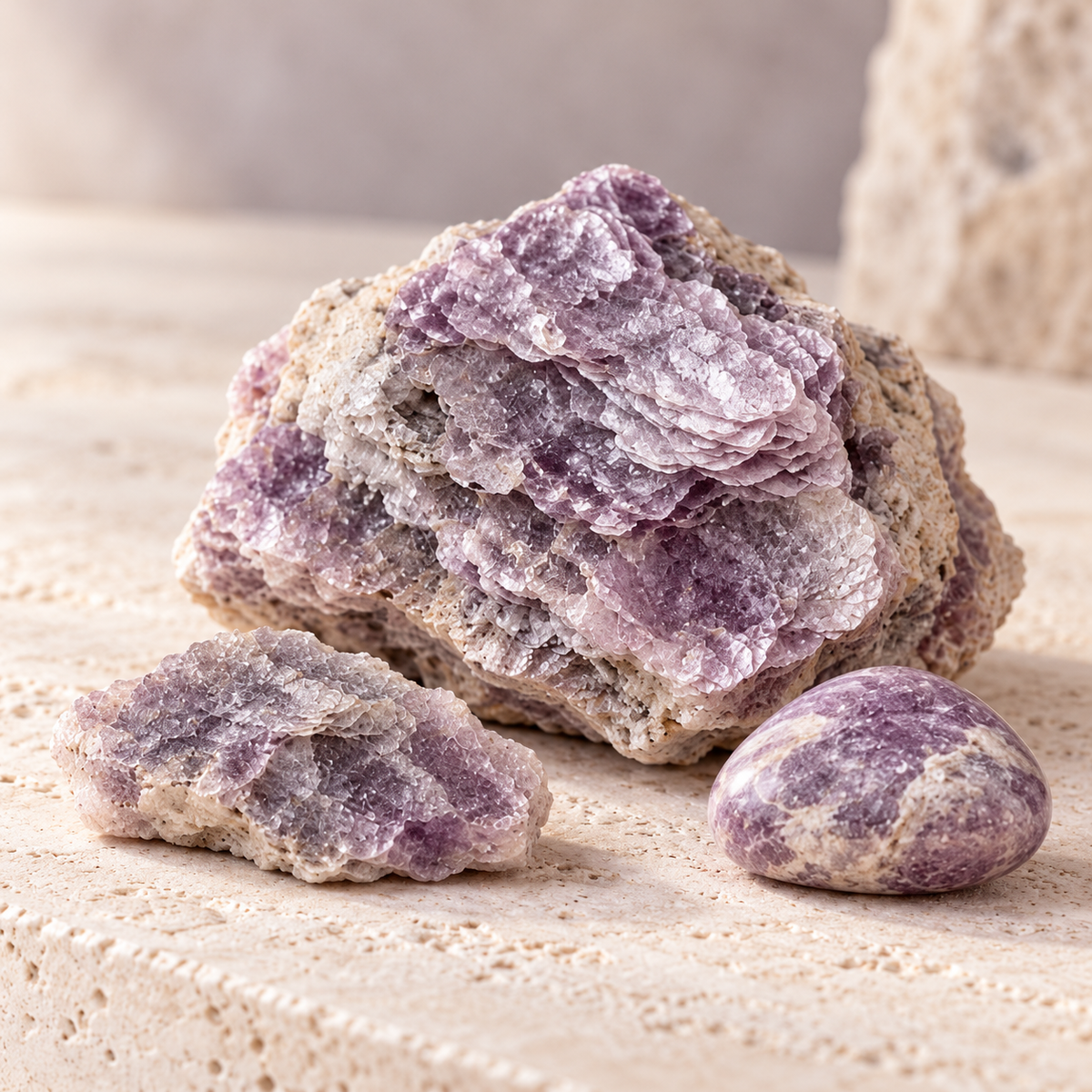 Close-up of raw and polished lepidolite stones featuring natural lilac tones, flaky mineral layers, and a subtle pearlescent shimmer against a beige stone background.