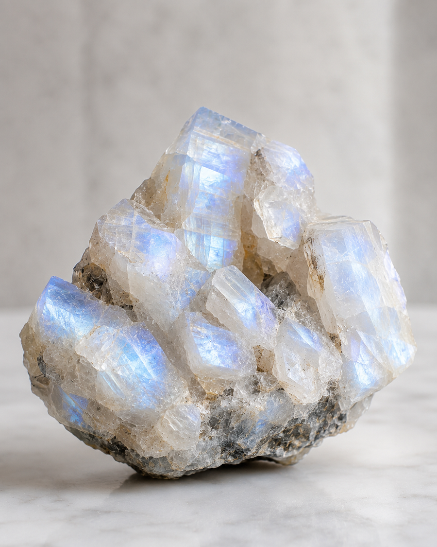 A natural rainbow quartz crystal cluster with iridescent blue and white flashes on a rough matrix, photographed on a light marble surface against a soft gray background.