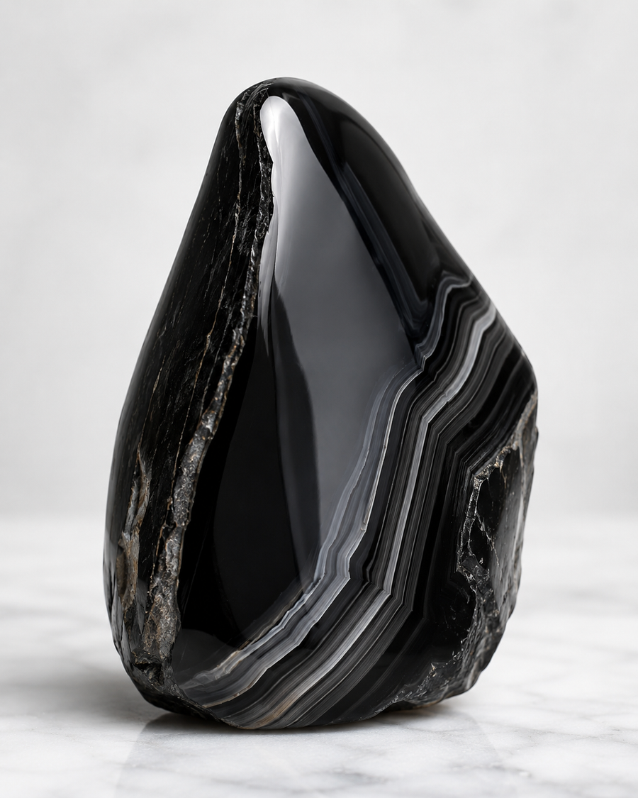 A polished black agate crystal with layered banding in shades of gray and white, standing upright on a light gray marble surface against a neutral light gray background.