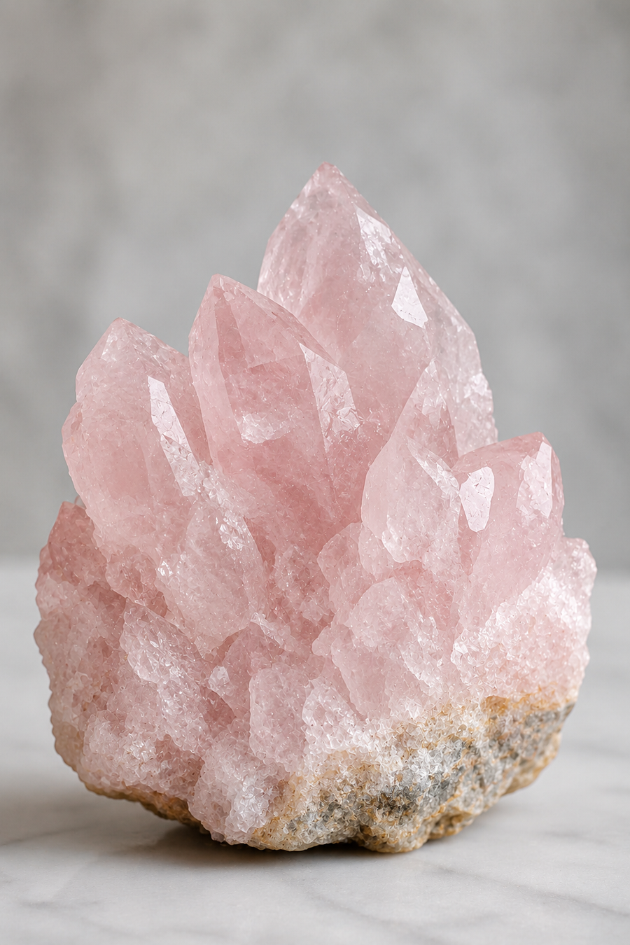A pink rose quartz crystal cluster on a natural matrix base, photographed on a light marble surface with a soft gray background.