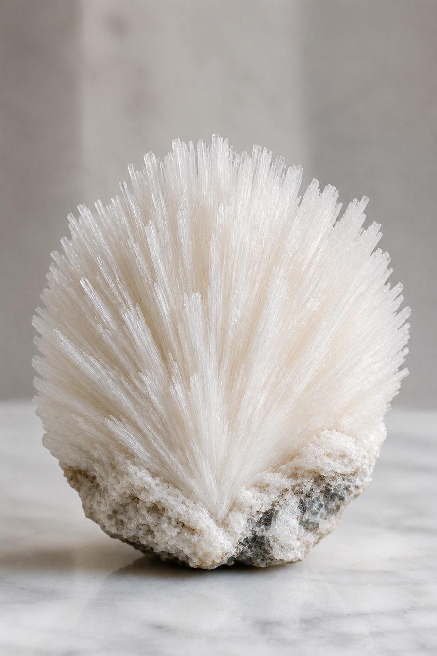 A spherical cluster of white crystalline mineral or coral-like structure on a rough gray base, photographed on a light marble surface against a soft gray background.