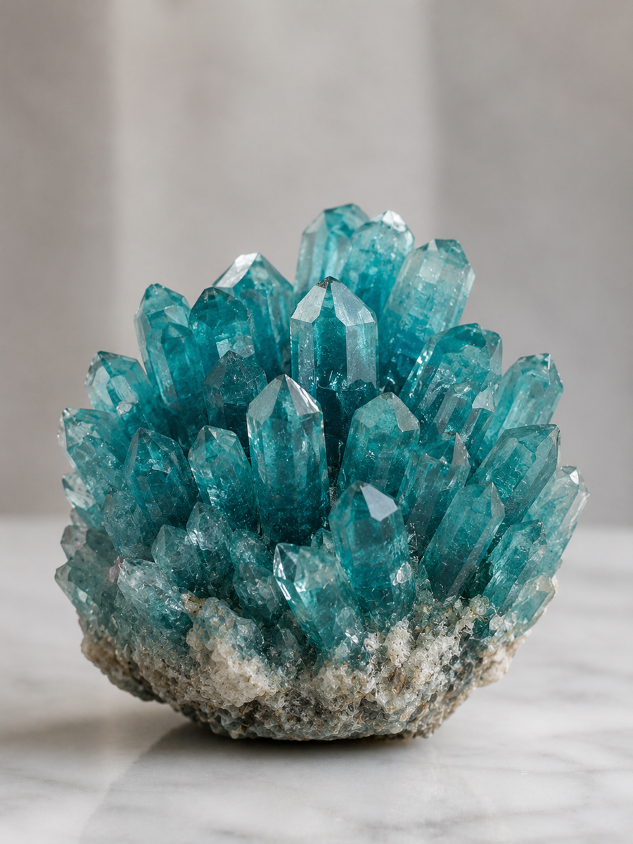 A natural blue-green crystal cluster or geode specimen with multiple translucent pointed crystals rising from a rough matrix, photographed on a light marble surface against a soft gray background.