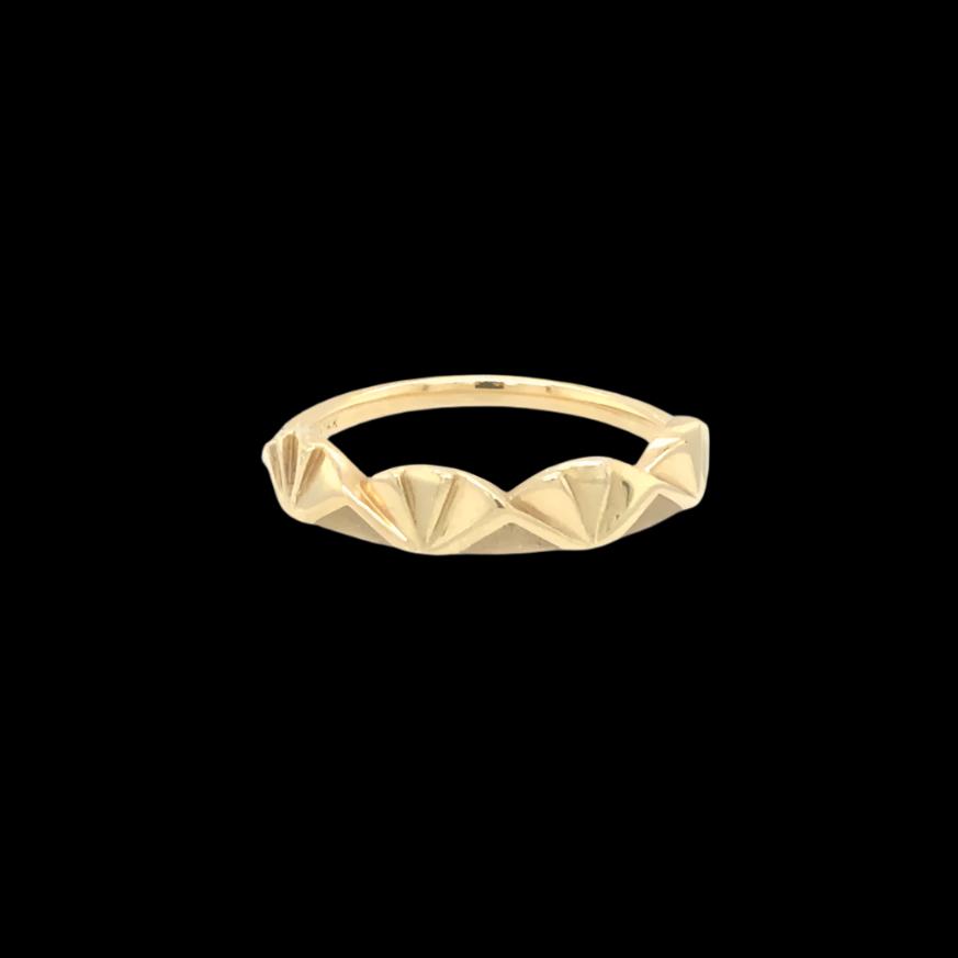 Minimalist 14kt gold ring featuring a geometric fan-inspired design, displayed against a black background.